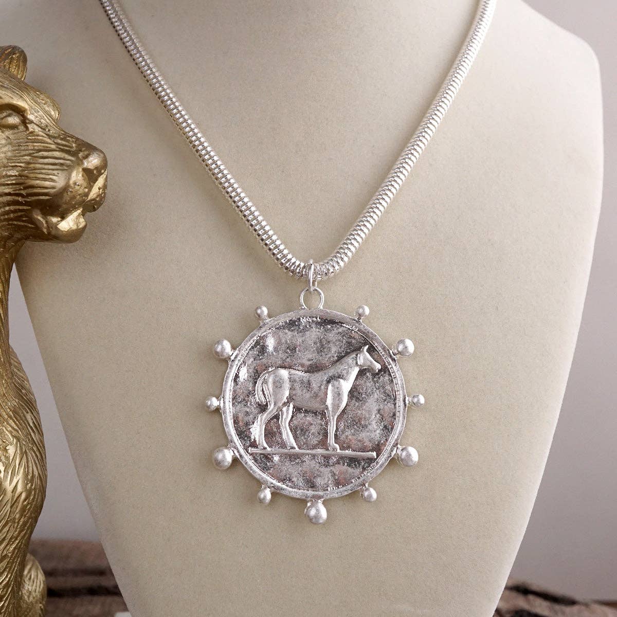 Western Horse Pendant Necklace - Gold Silver – Prairie Medallion: Worn Gold