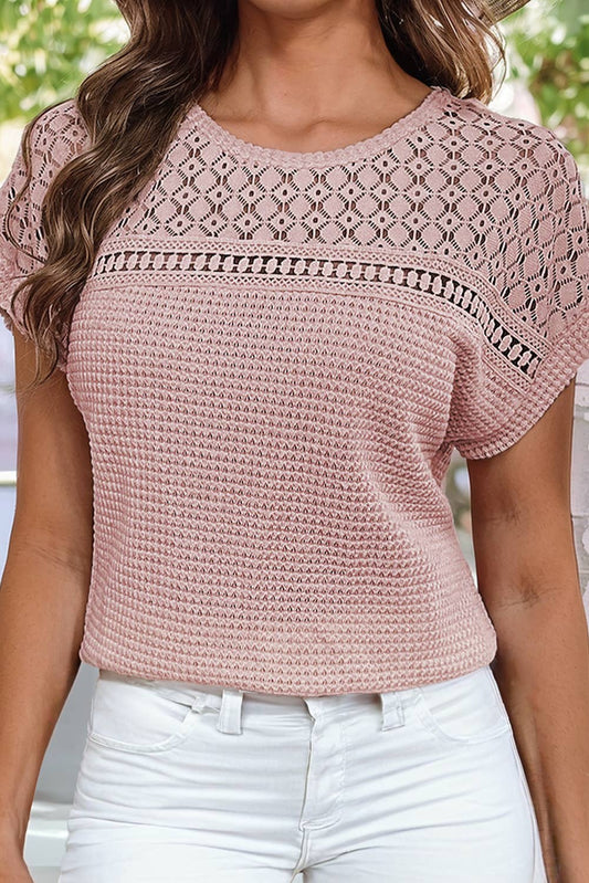 LDC Lace Patchwork Waffle Short Sleeve Top: Light Pink