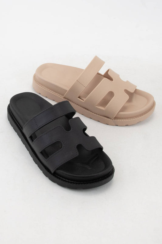 GINO TRENDY CUTOUT DESIGN UPPER SLIP-ON STYLE SANDAL: Black
