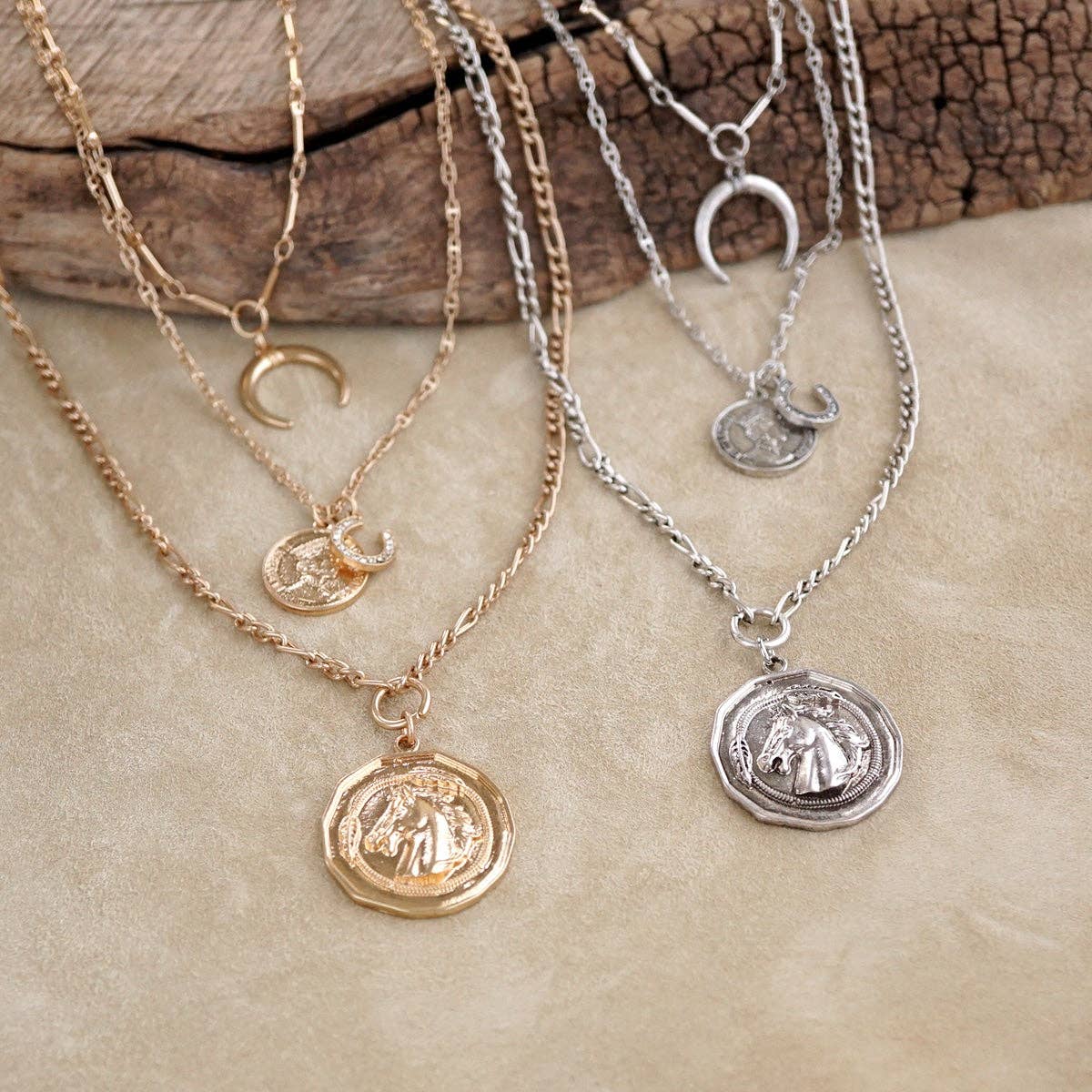 Moonlit Rider – Layered Horse Coin Necklace: Gold