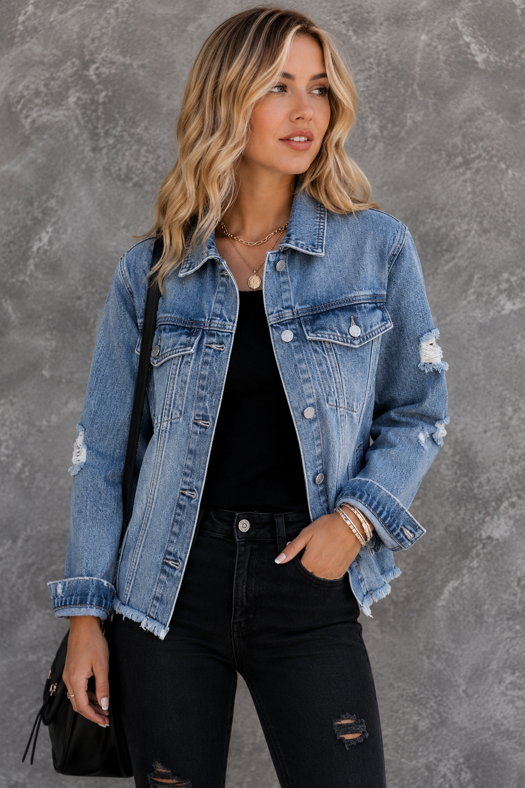     Washed Blue Raw Hem Denim Jacket