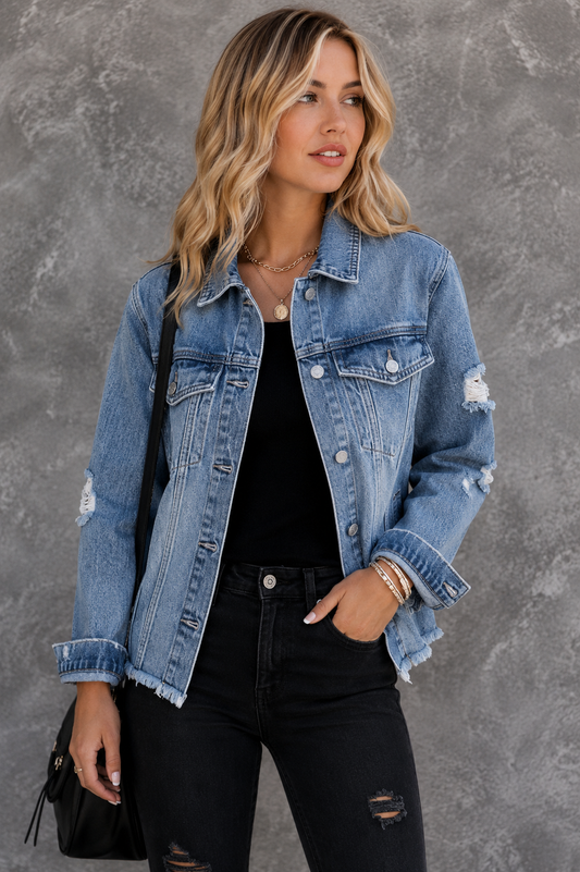     Washed Blue Raw Hem Denim Jacket