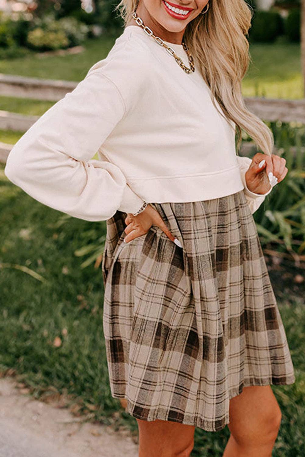 Plaid Patchwork Sweatshirt Mini Dress: Beige