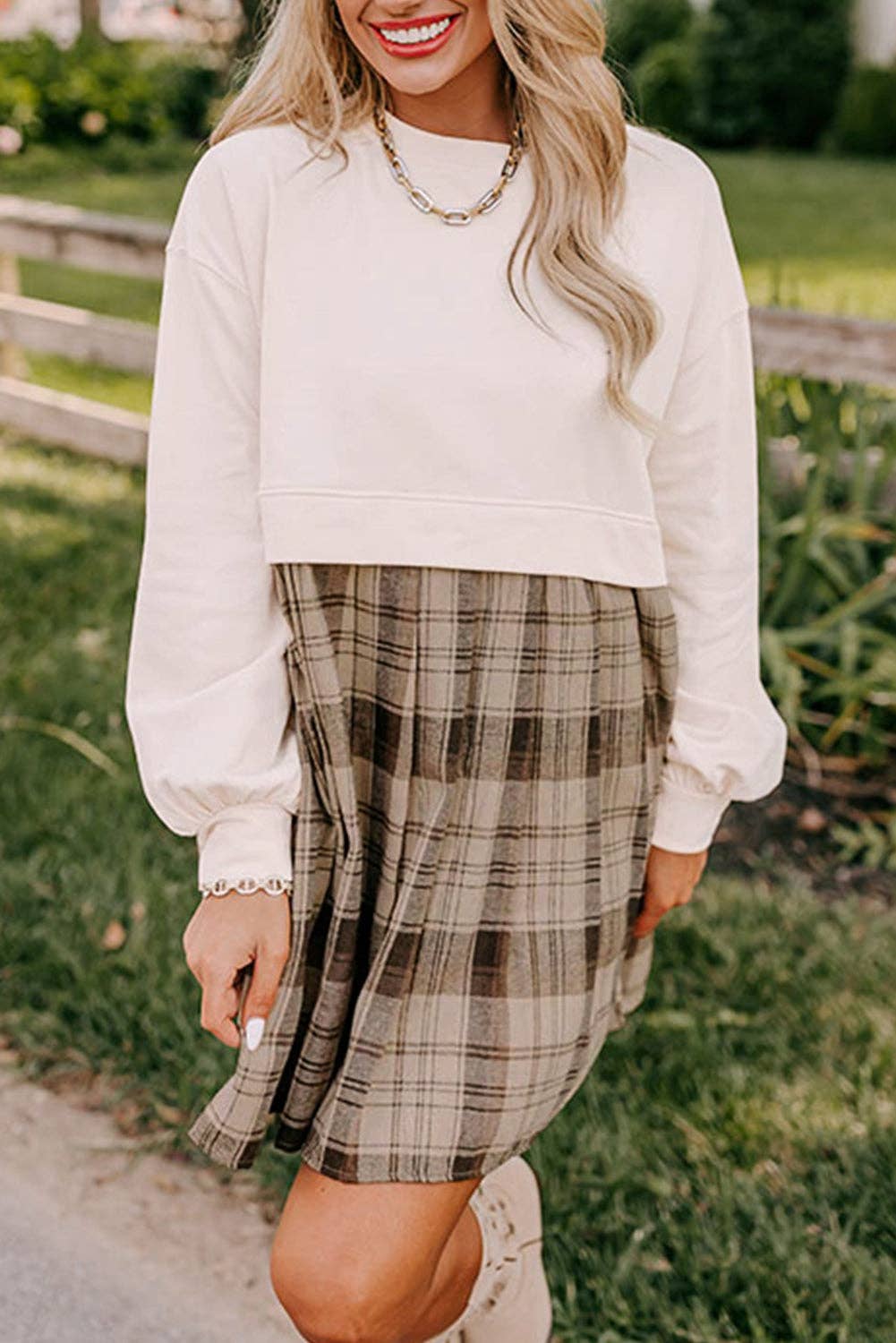 Plaid Patchwork Sweatshirt Mini Dress: Beige