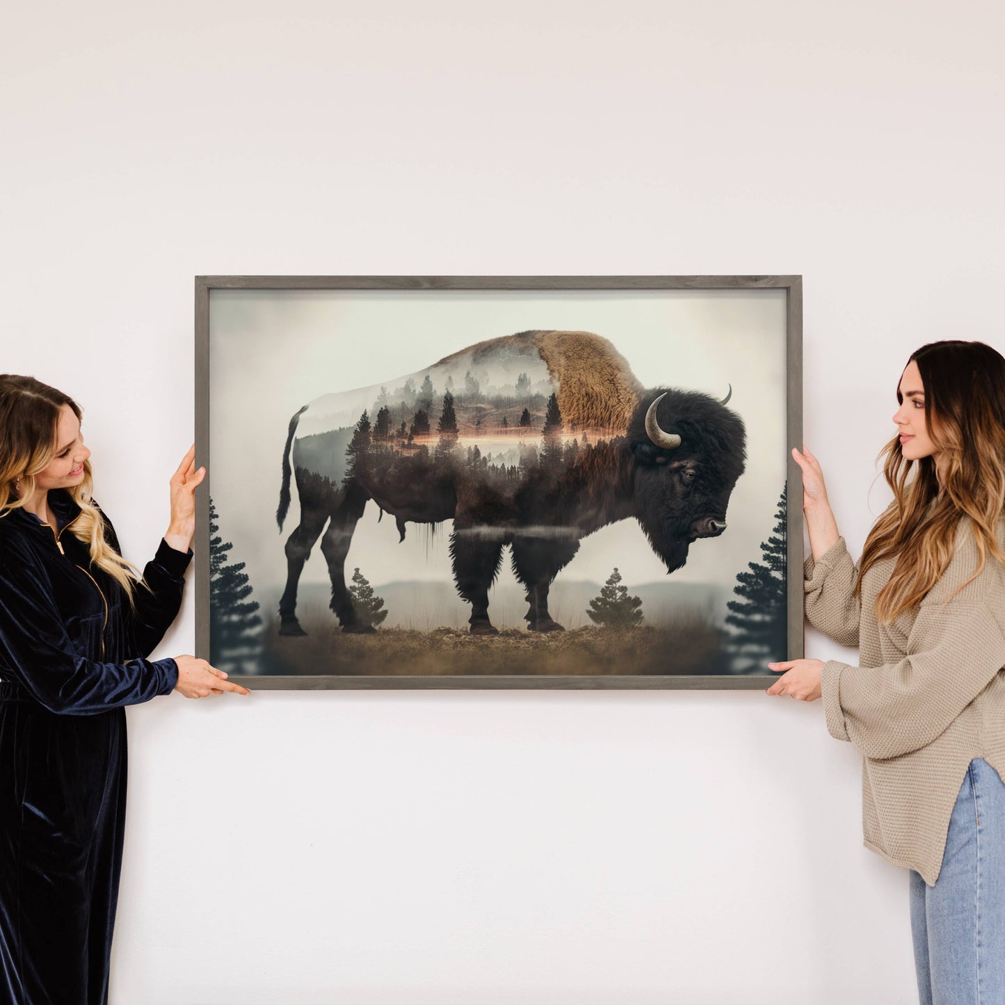 Bison Trees Double Exposure -Wood Framed Wildlife Canvas Art: 18x24" Large Canvas Art with Thick Wood Frame