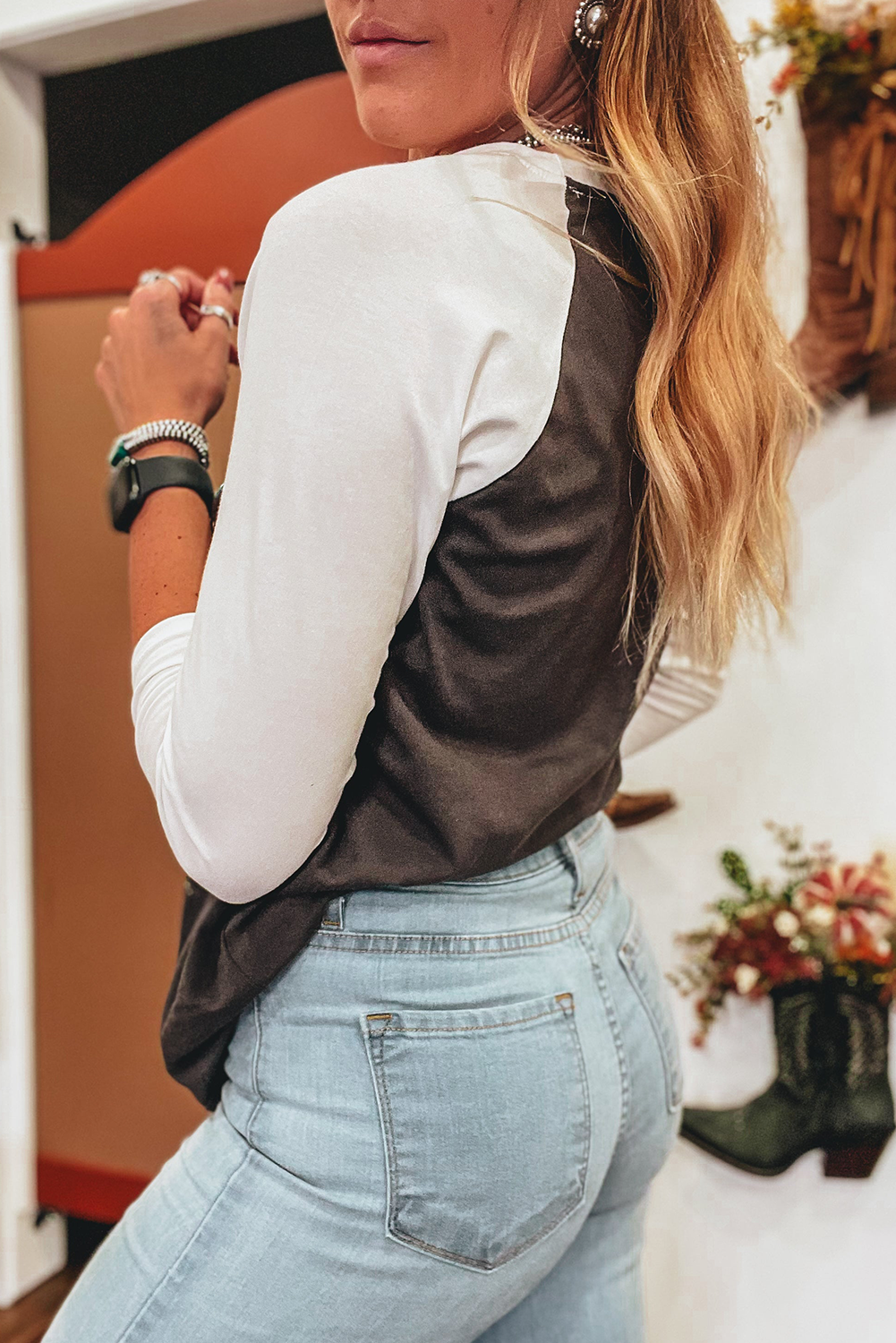 Western Yeehaw Raglan Sleeve Top: Brown