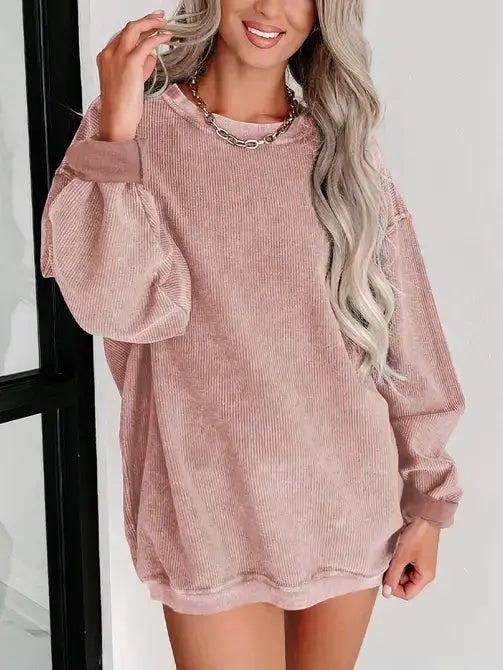 Pink Ribbed Knit Round Neck Pullover Sweatshirt: Pink