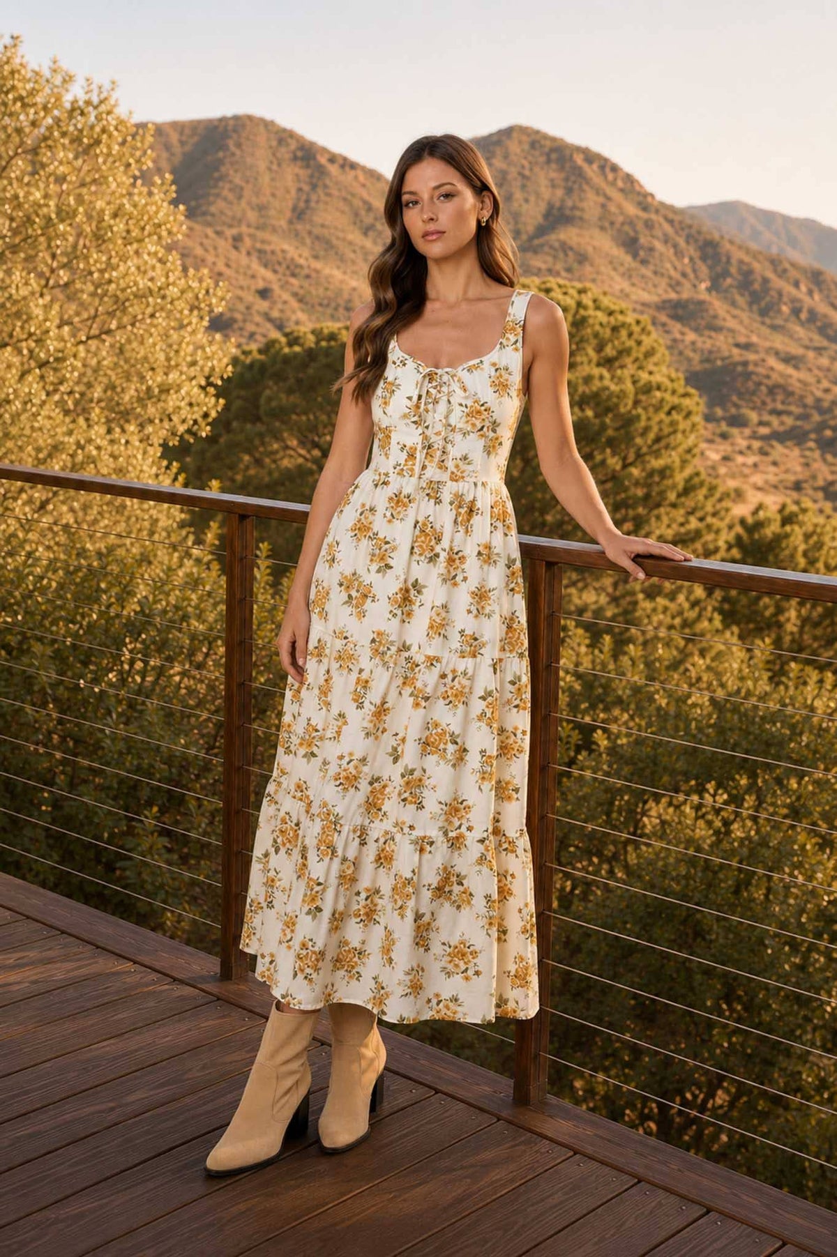 FLORAL FRONT LACE UP CORSET SLEEVELESS MIDI DRESS : CREAM MULTI