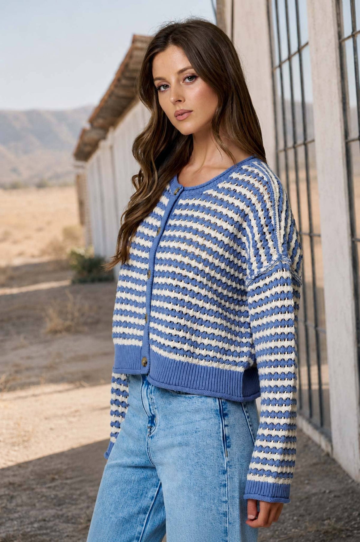 TEXTURED STRIPE CROCHET KNIT BUTTON DOWN CARDIGAN : BROWN