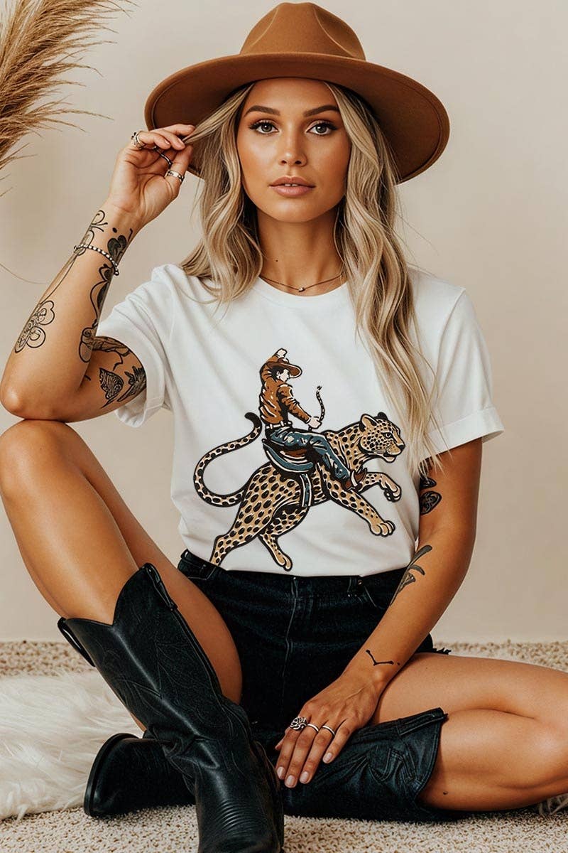 Cowboy Leopard Graphic Heavy Cotton Tee: WHITE