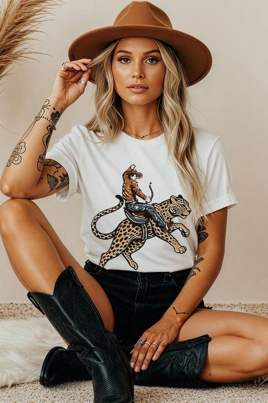 Cowboy Leopard Graphic Heavy Cotton Tee: WHITE