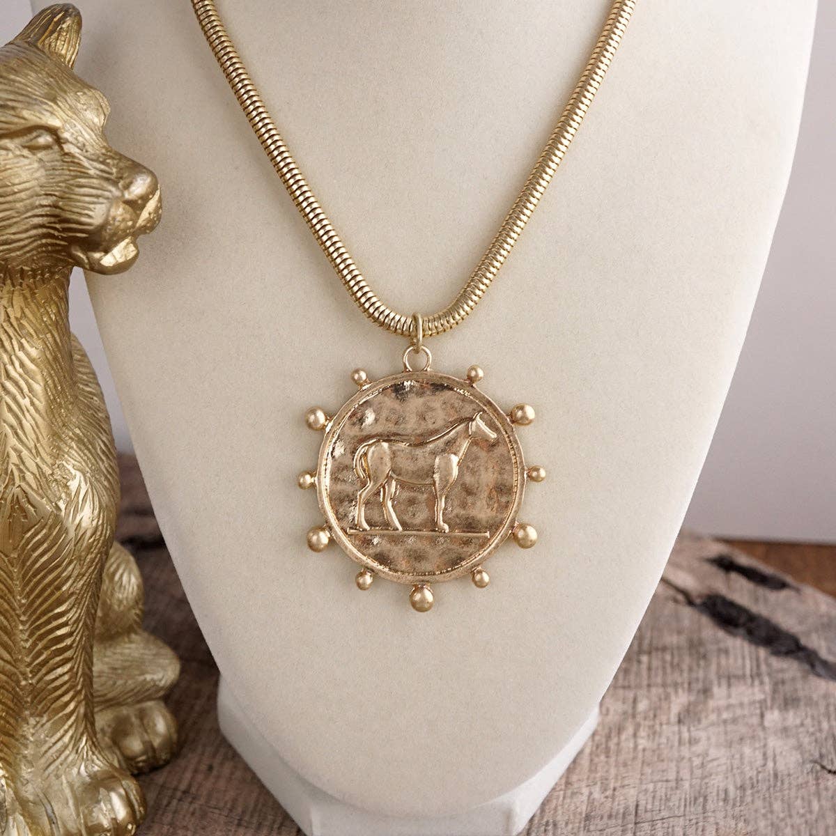 Western Horse Pendant Necklace - Gold Silver – Prairie Medallion: Worn Gold