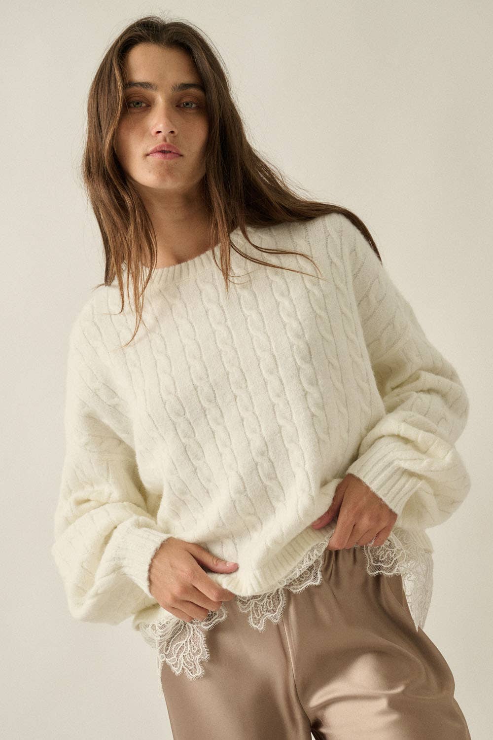 Cable Knit Crewneck Eyelash Lace Layered Hem Sweater: Cream