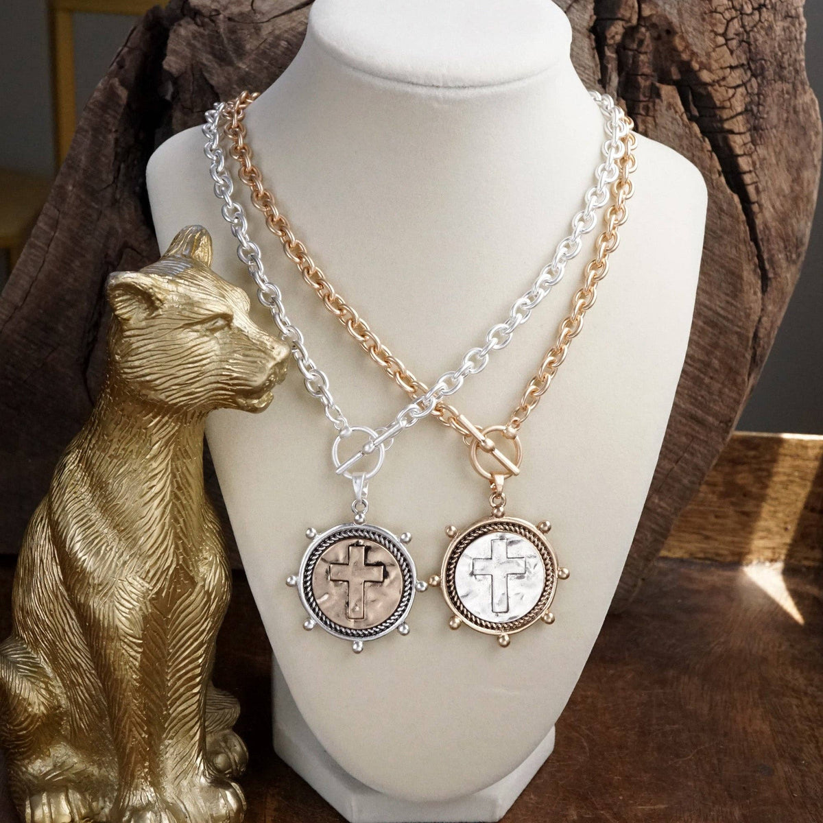Cross Coin Chain Necklace with Front Toggle Closure – Silver or Gold Tone: Worn Silver Tone