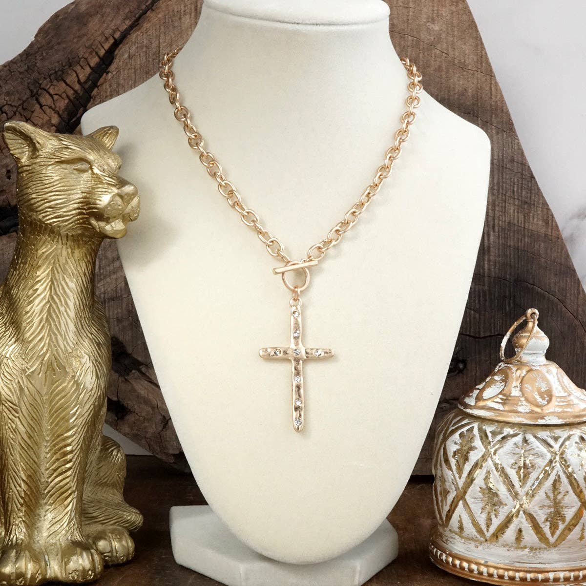 Divine Simplicity – Hammered Cross Front Toggle Necklace: Worn Silver Tone