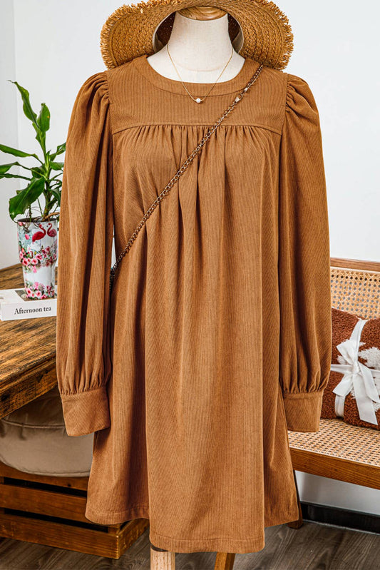 Fashion-W Corduroy Pleated Puff Sleeve Shift Short Dress: Brown
