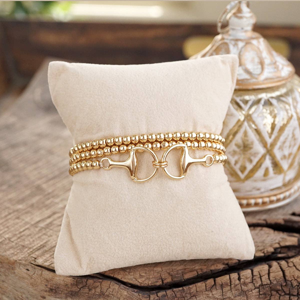 Bit of Shine – Set of 3 Stretch Bracelets with Horse Bit: Gold