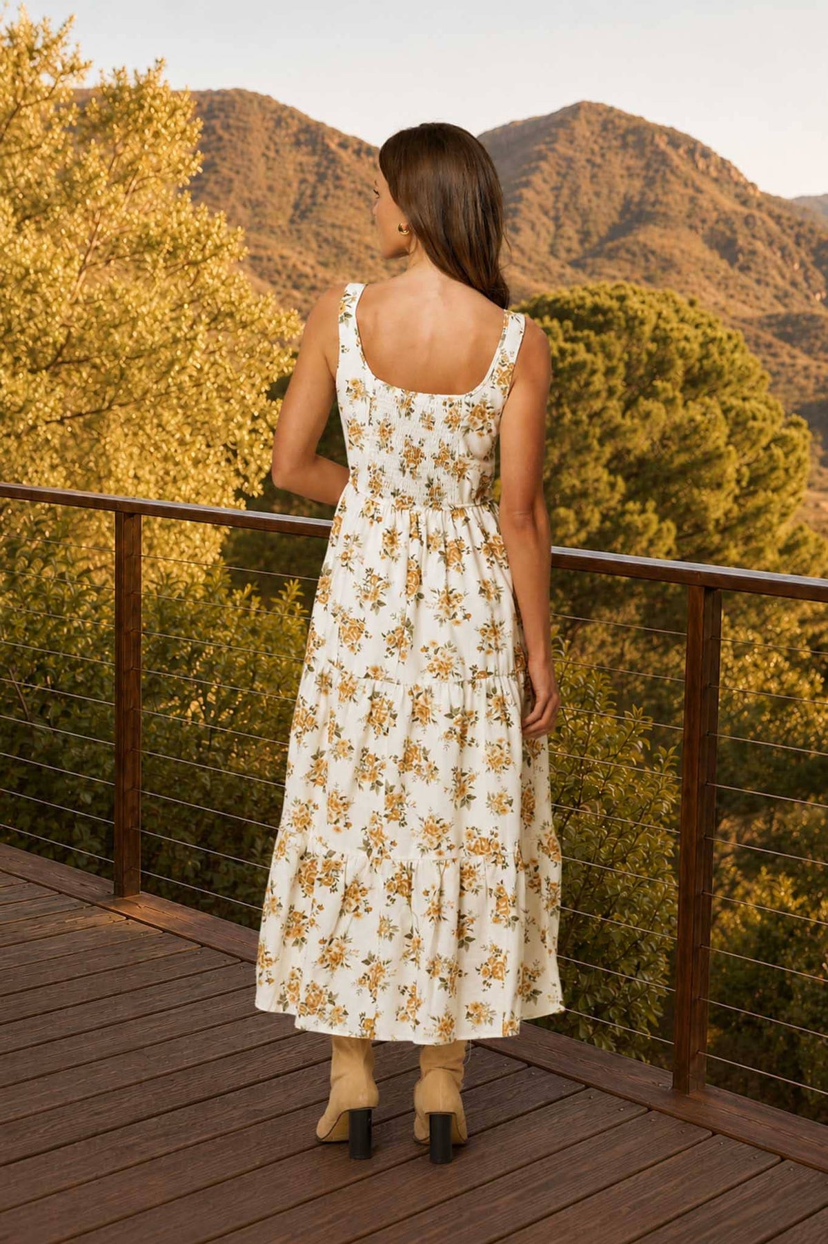 FLORAL FRONT LACE UP CORSET SLEEVELESS MIDI DRESS : CREAM MULTI