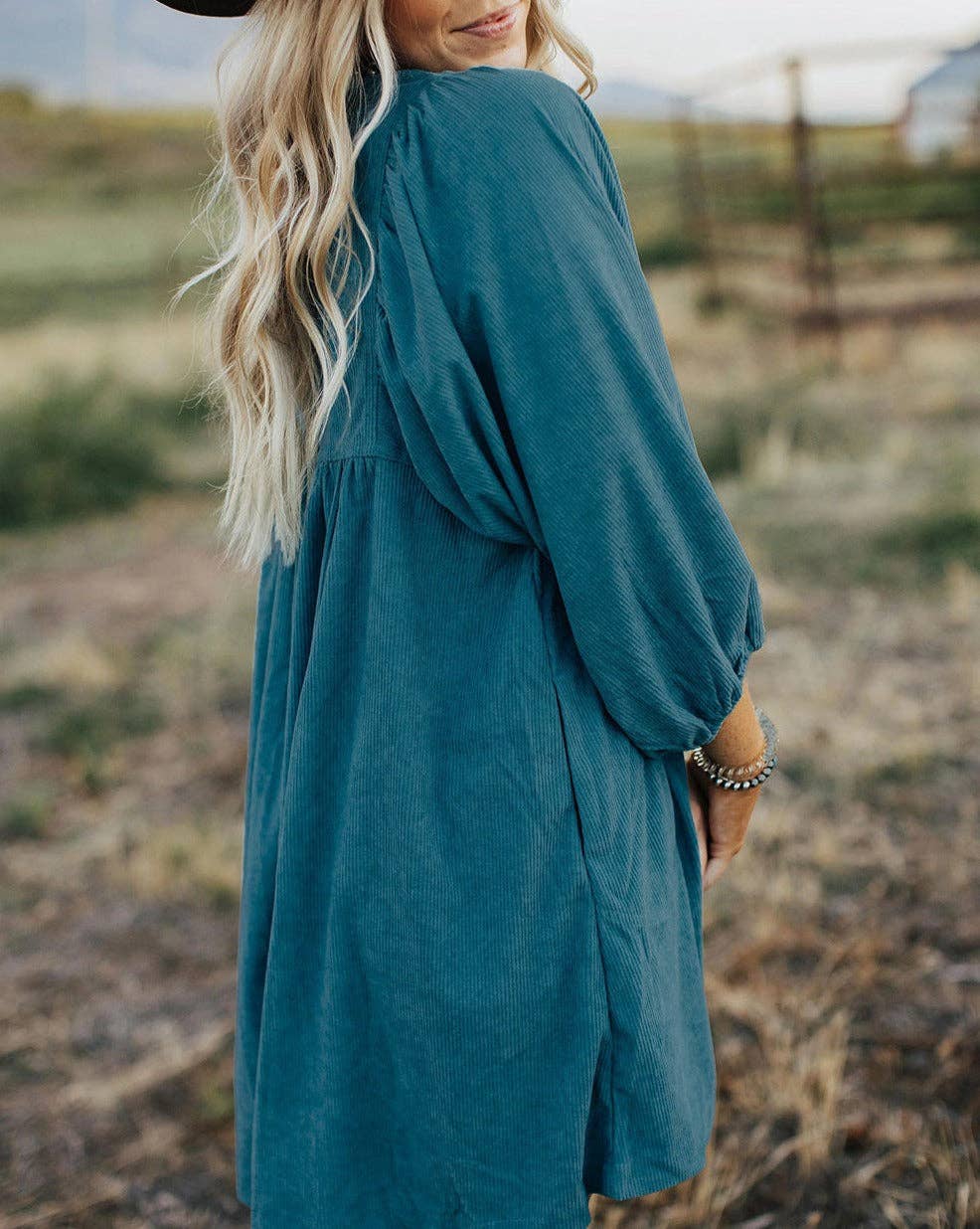 Corduroy Buttoned 3/4 Sleeve Dress: Blue