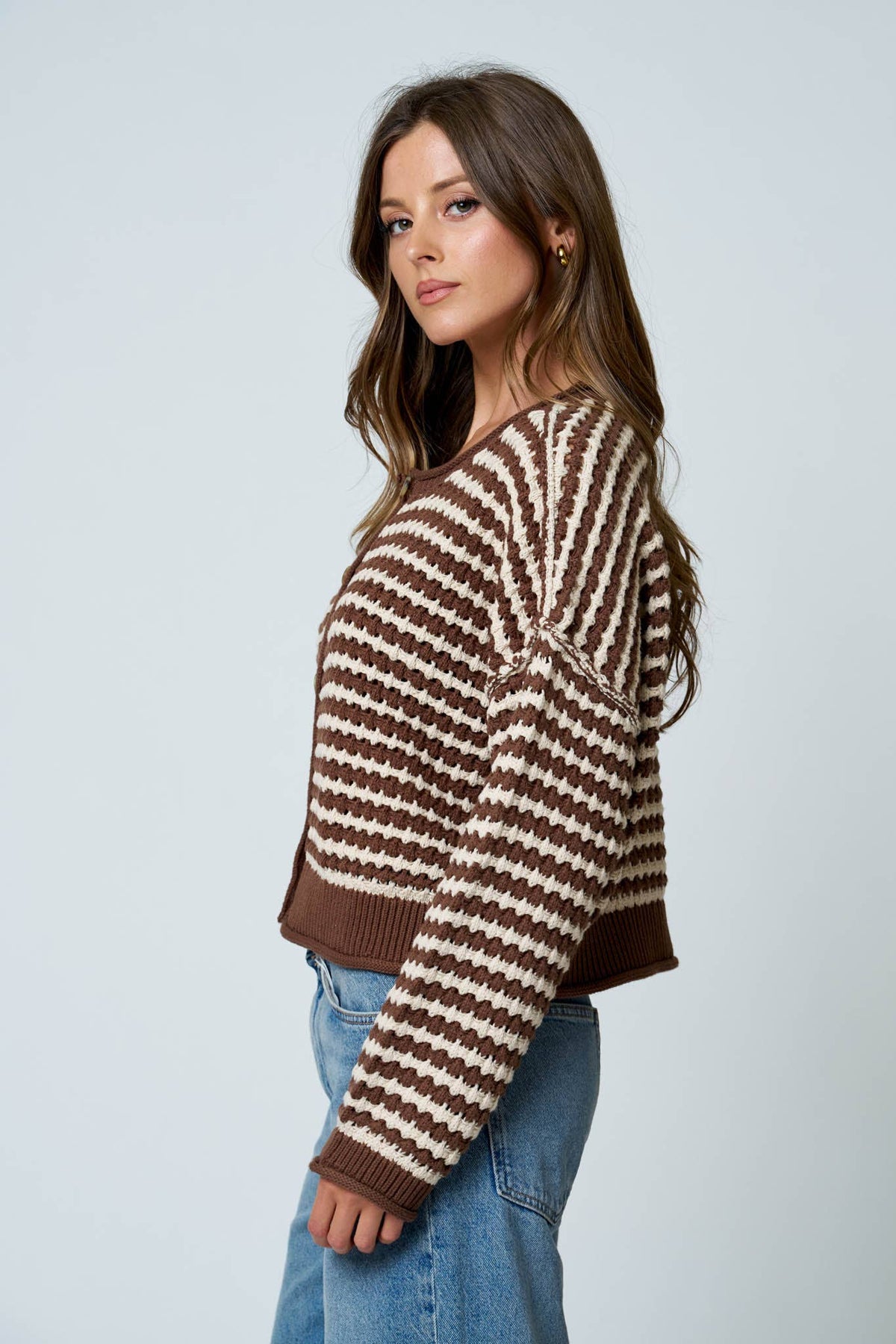 TEXTURED STRIPE CROCHET KNIT BUTTON DOWN CARDIGAN : BROWN