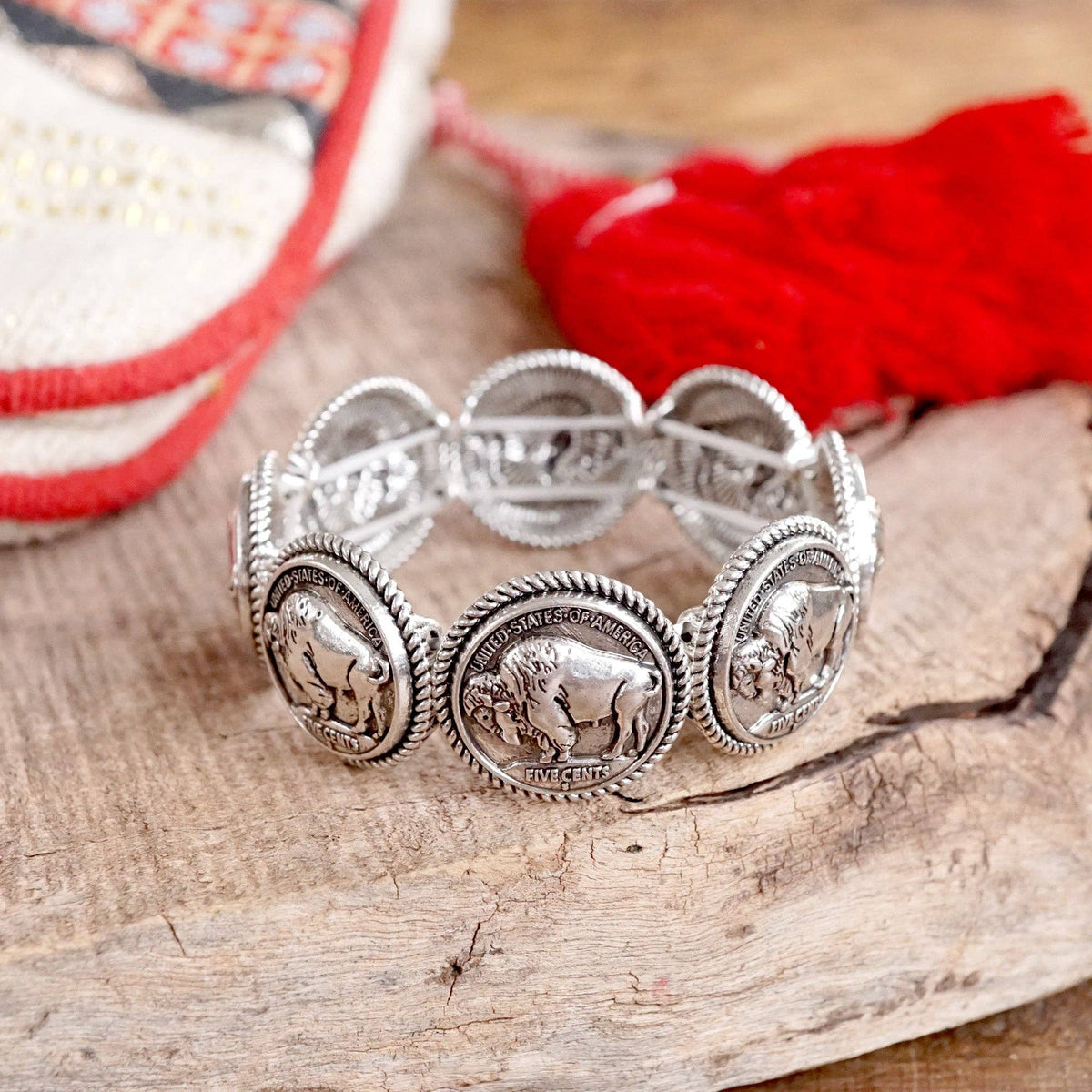 Western Stretchy Bangles – Buffalo Turquoise Flowers in Worn Silver Tone: Buffalo Coins