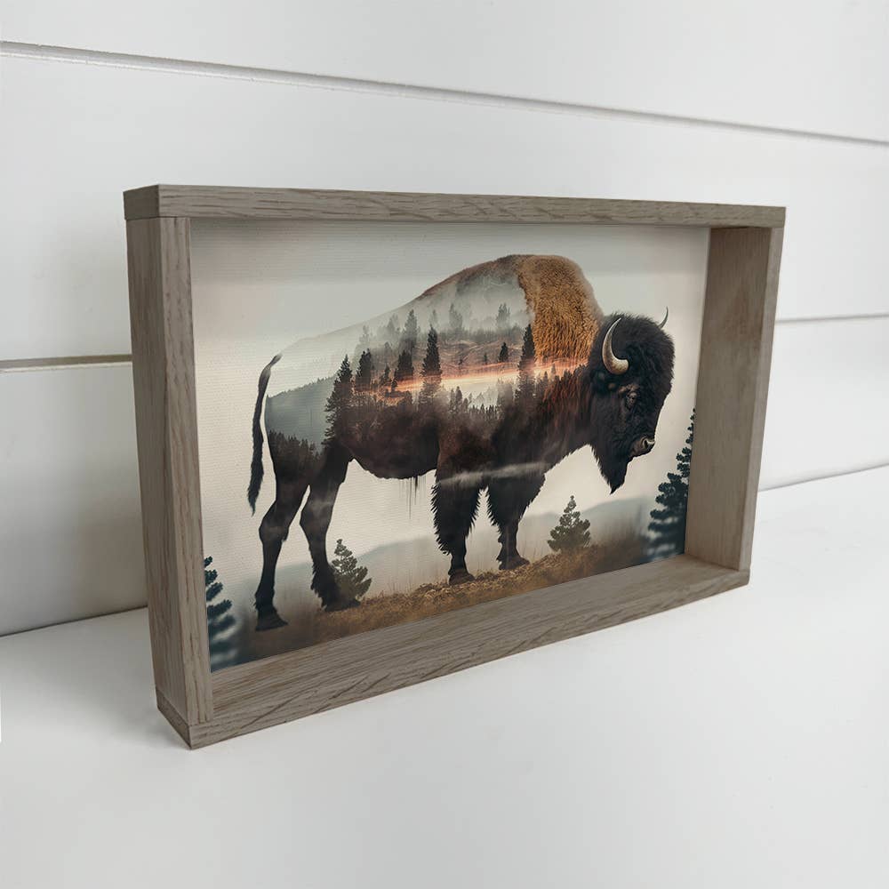 Bison Trees Double Exposure -Wood Framed Wildlife Canvas Art: 18x24" Large Canvas Art with Thick Wood Frame