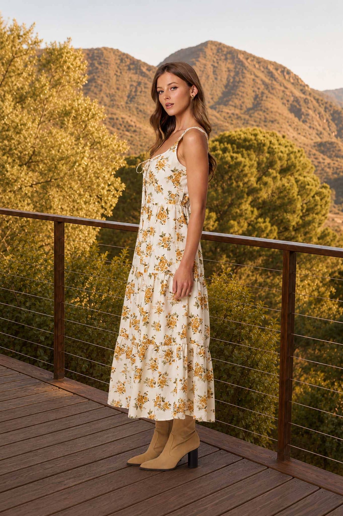 FLORAL FRONT LACE UP CORSET SLEEVELESS MIDI DRESS : CREAM MULTI