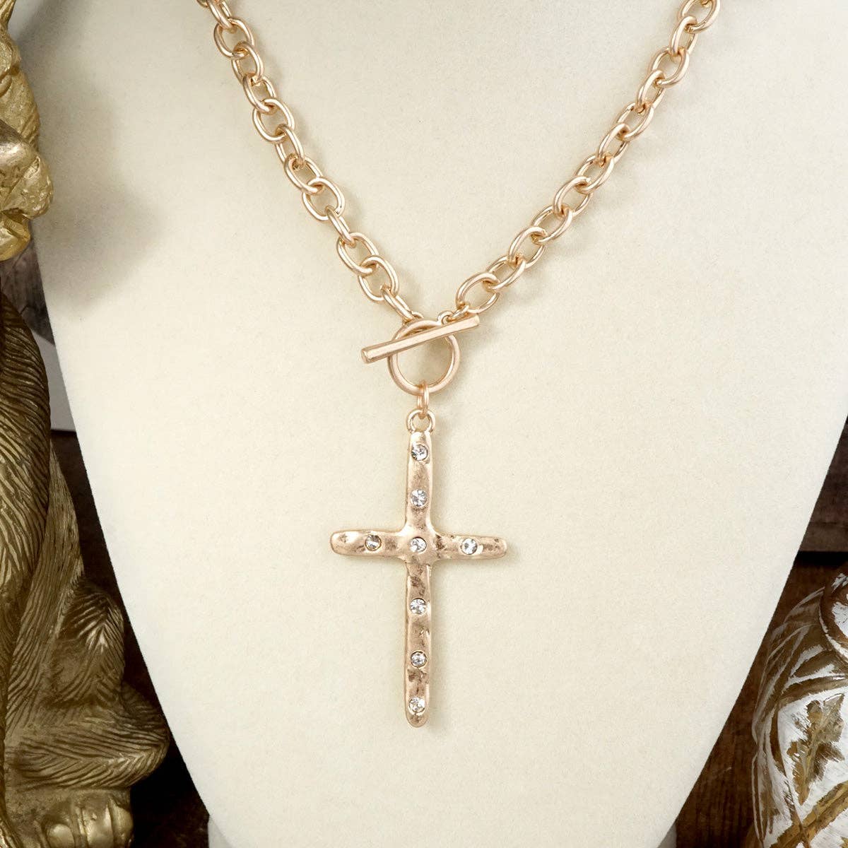 Divine Simplicity – Hammered Cross Front Toggle Necklace: Worn Silver Tone