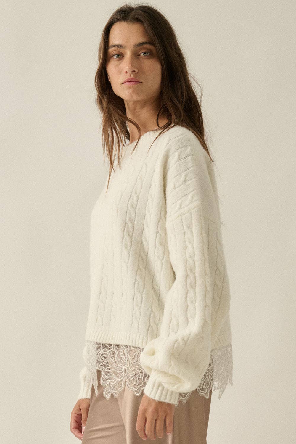 Cable Knit Crewneck Eyelash Lace Layered Hem Sweater: Cream