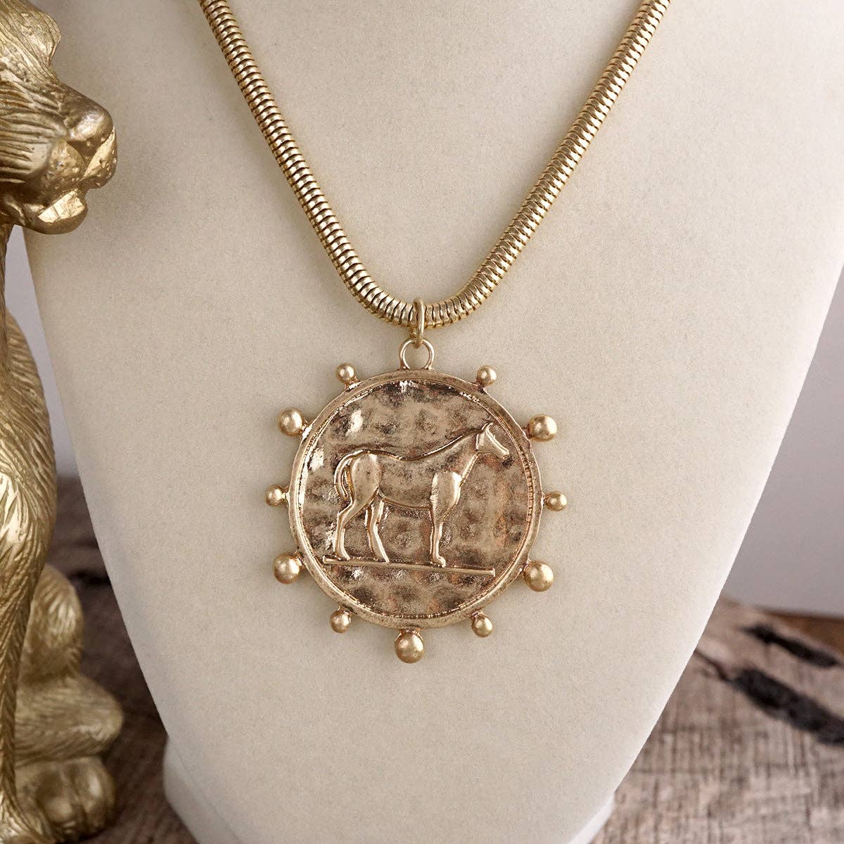 Western Horse Pendant Necklace - Gold Silver – Prairie Medallion: Worn Gold