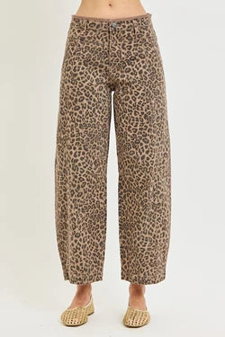 RISEN SLOUCHY CROP BARREL LEOPARD PRINT PANTS