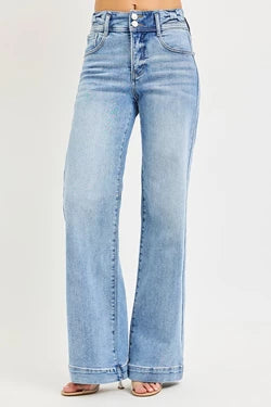 RISEN TUMMY CONTROL HIGH RISE WIDE LEG BOW WAISTBAND JEANS