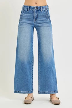 RISEN TUMMY CONTROL MID RISE ANKLE WIDE SEAM DETAIL JEANS