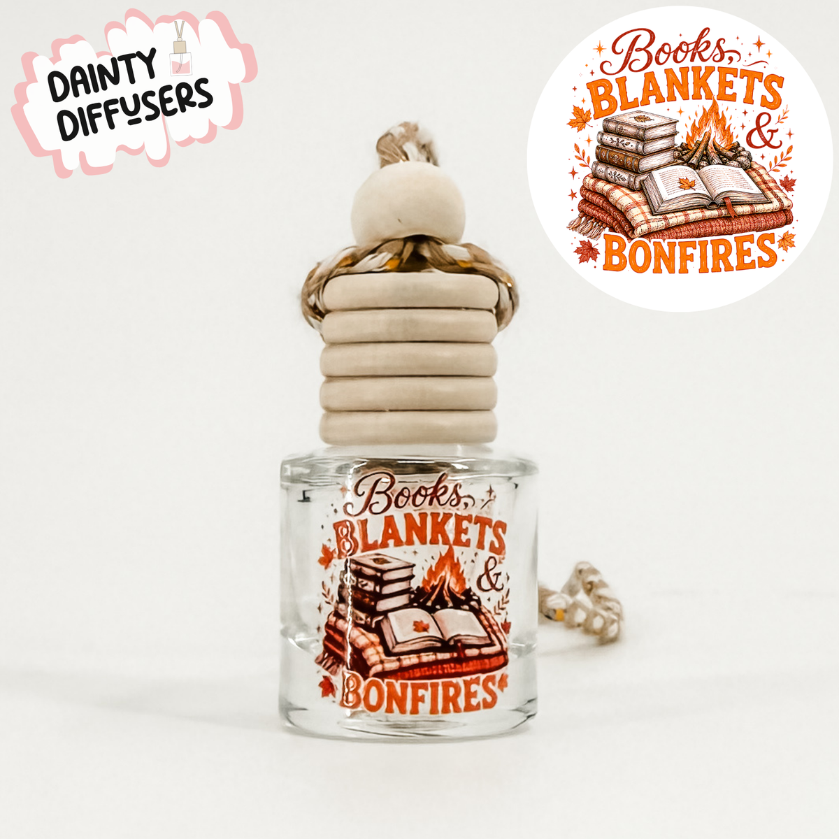 Books Blankets and Bonfires Fall Car Freshener | Hanging Car Diffuser: Snickerdoodle
