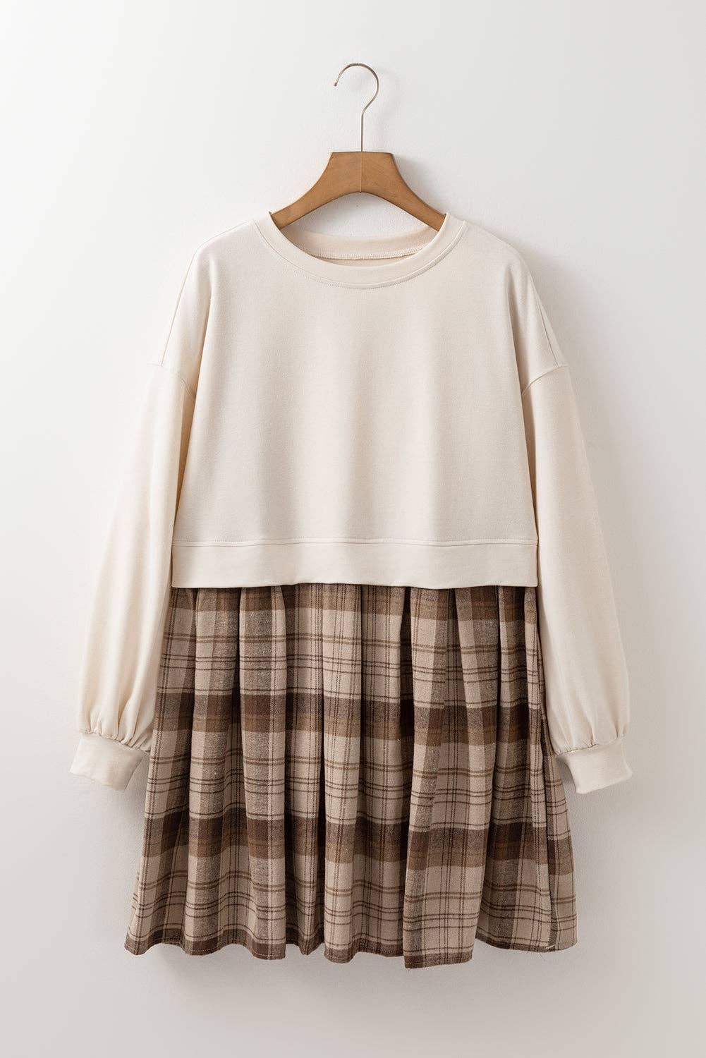 Plaid Patchwork Sweatshirt Mini Dress: Beige