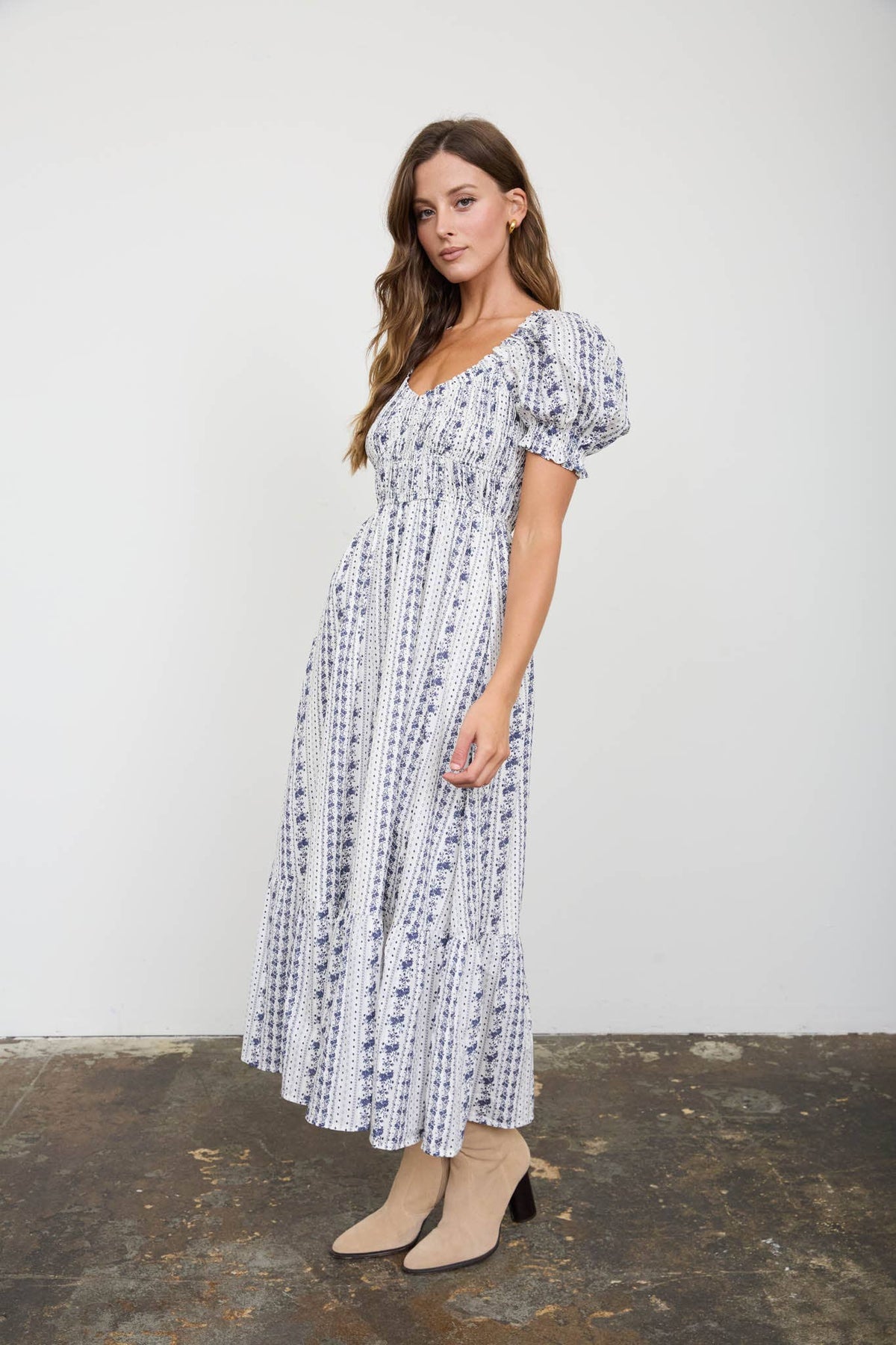 FLORAL STRIPE PUFF SLEEVE RUFFLED MIDI DRESS : NAVY