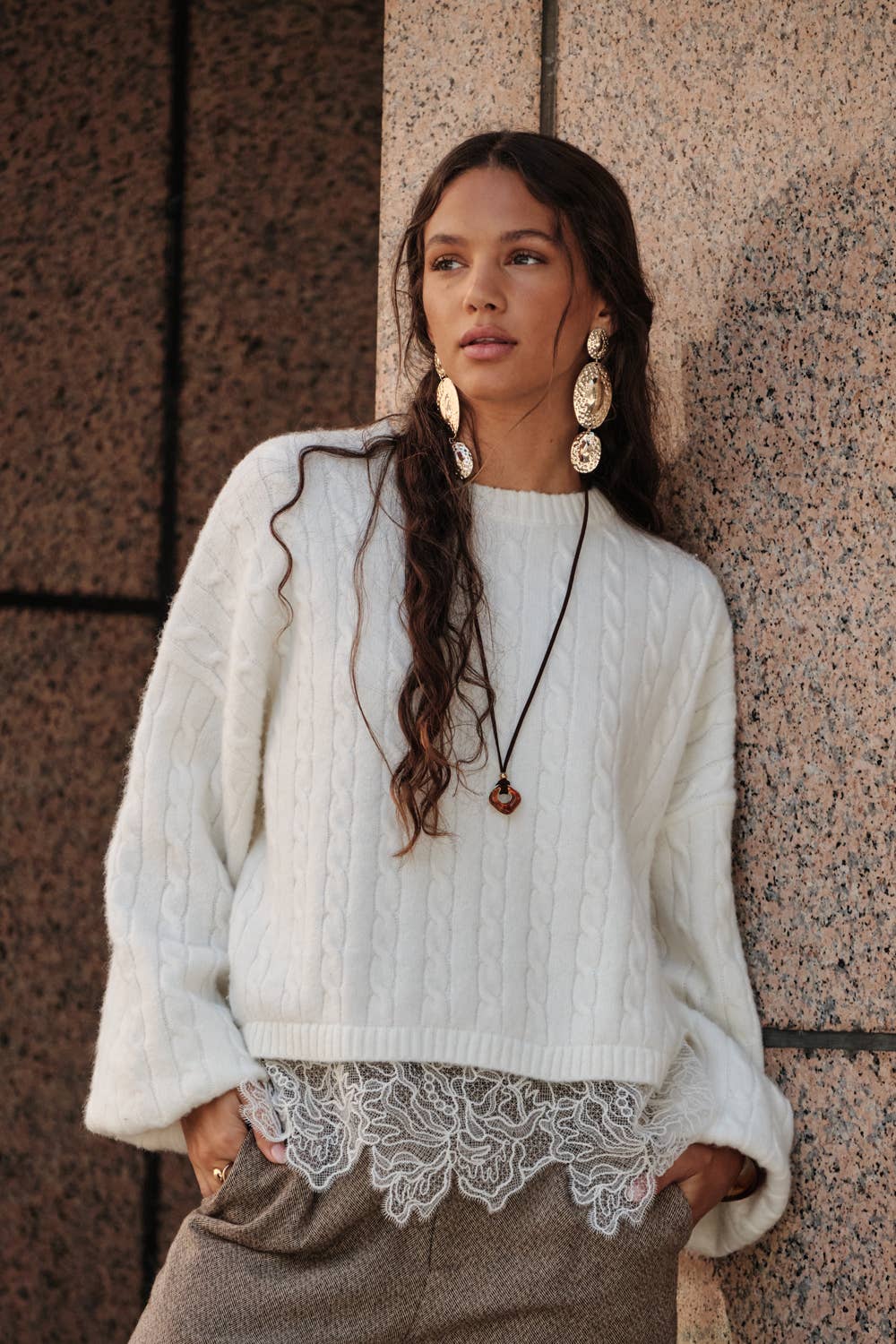 Cable Knit Crewneck Eyelash Lace Layered Hem Sweater: Cream