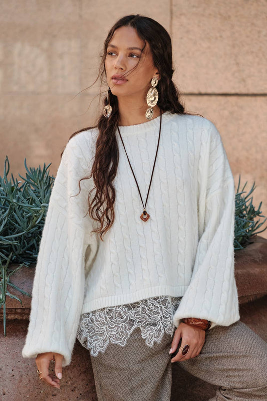 Cable Knit Crewneck Eyelash Lace Layered Hem Sweater: Cream