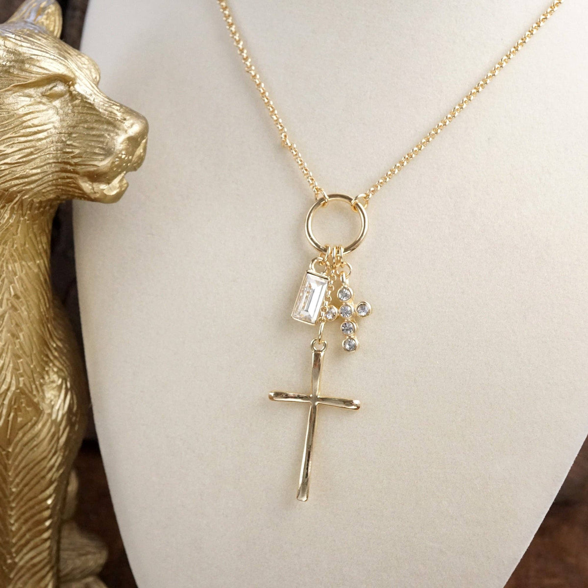 Dainty Cross Charm Cluster Necklace – Gold Tone