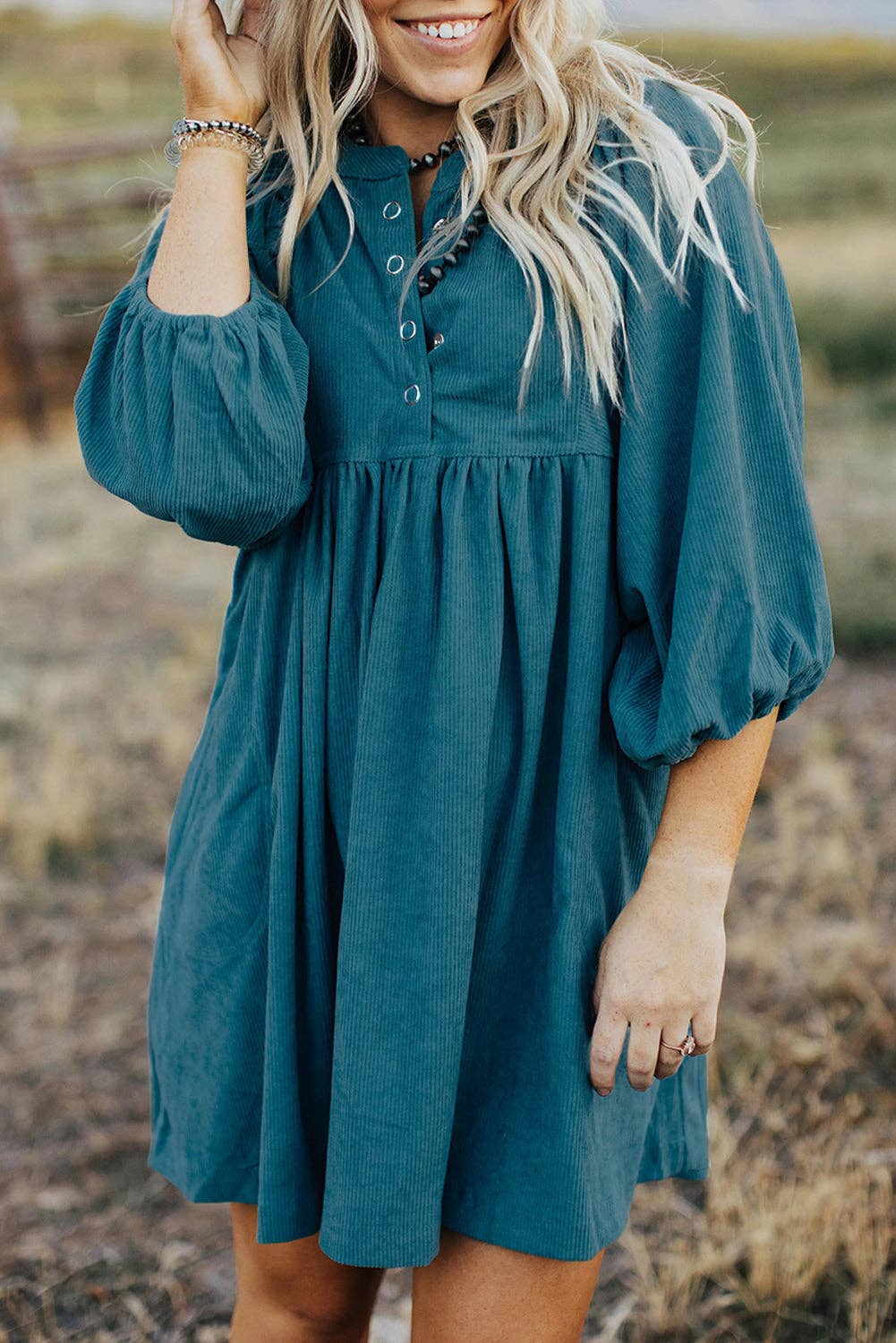 Corduroy Buttoned 3/4 Sleeve Dress: Blue