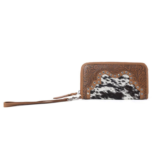 Sunset Ridge Handtooled Hairon Leather Wallet in Honey Snow: Honey Snow