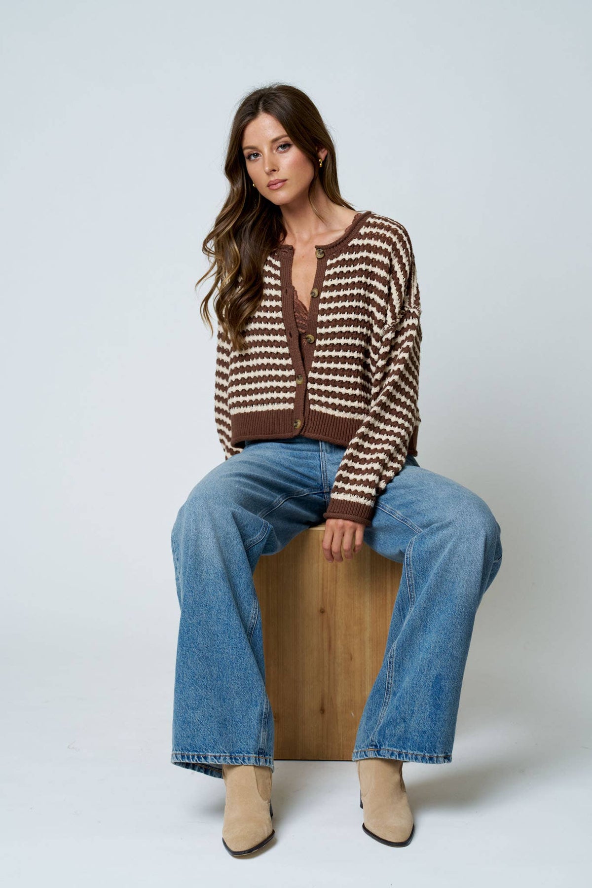 TEXTURED STRIPE CROCHET KNIT BUTTON DOWN CARDIGAN : BROWN