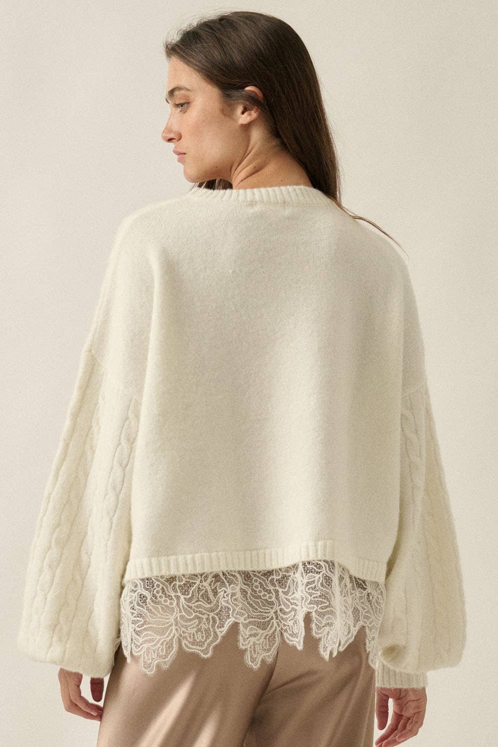 Cable Knit Crewneck Eyelash Lace Layered Hem Sweater: Cream