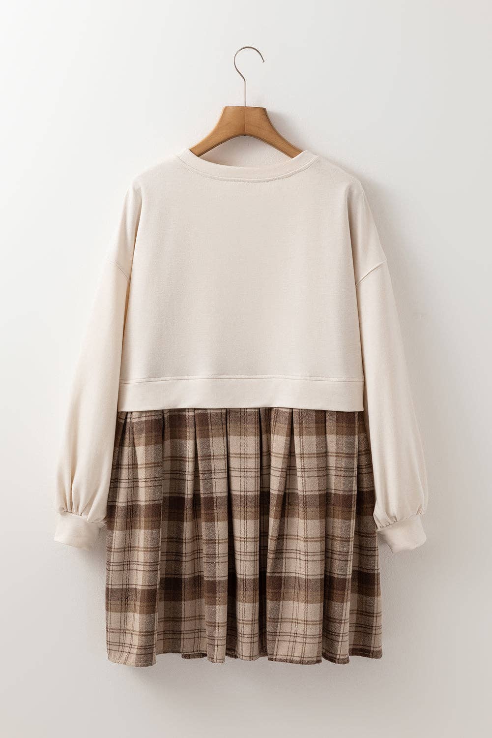 Plaid Patchwork Sweatshirt Mini Dress: Beige