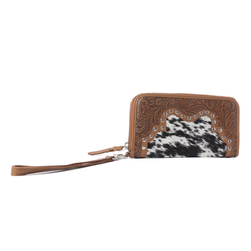 Sunset Ridge Handtooled Hairon Leather Wallet in Honey Snow: Honey Snow