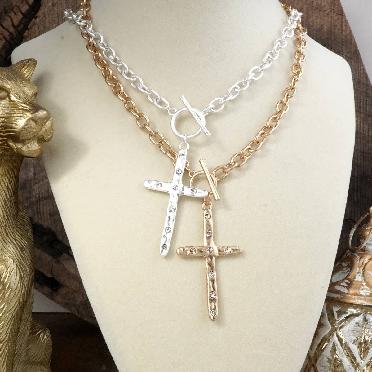 Divine Simplicity – Hammered Cross Front Toggle Necklace: Worn Silver Tone