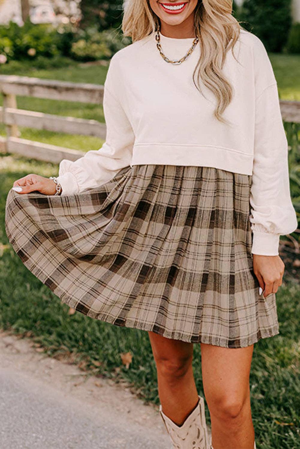 Plaid Patchwork Sweatshirt Mini Dress: Beige
