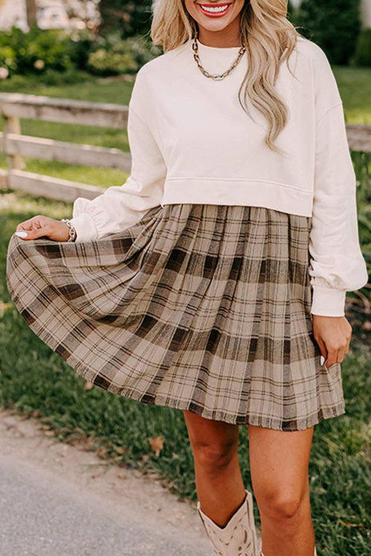 Plaid Patchwork Sweatshirt Mini Dress: Beige