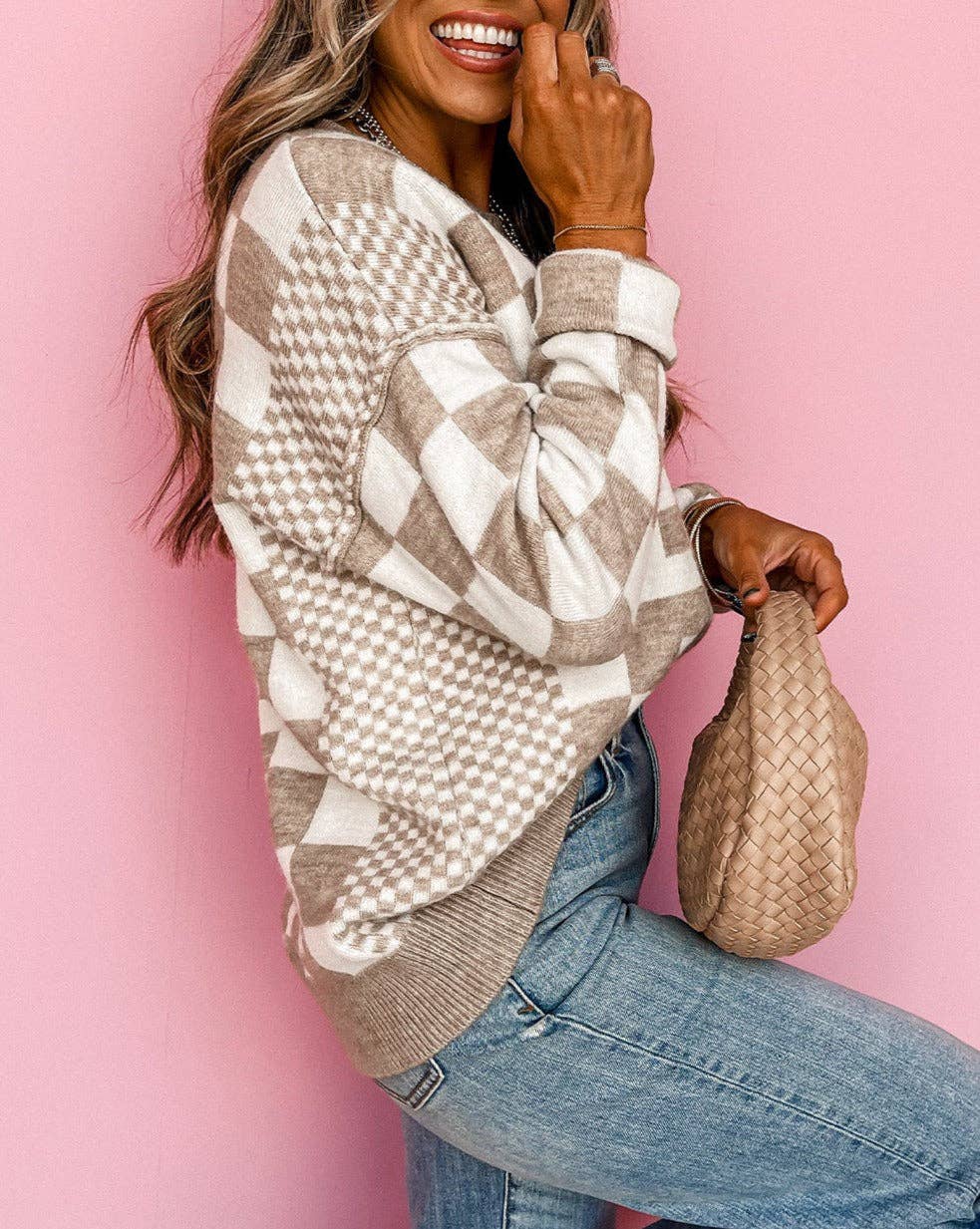 Checker Round Neck Sweater - Bold Two-Tone Print: Khaki
