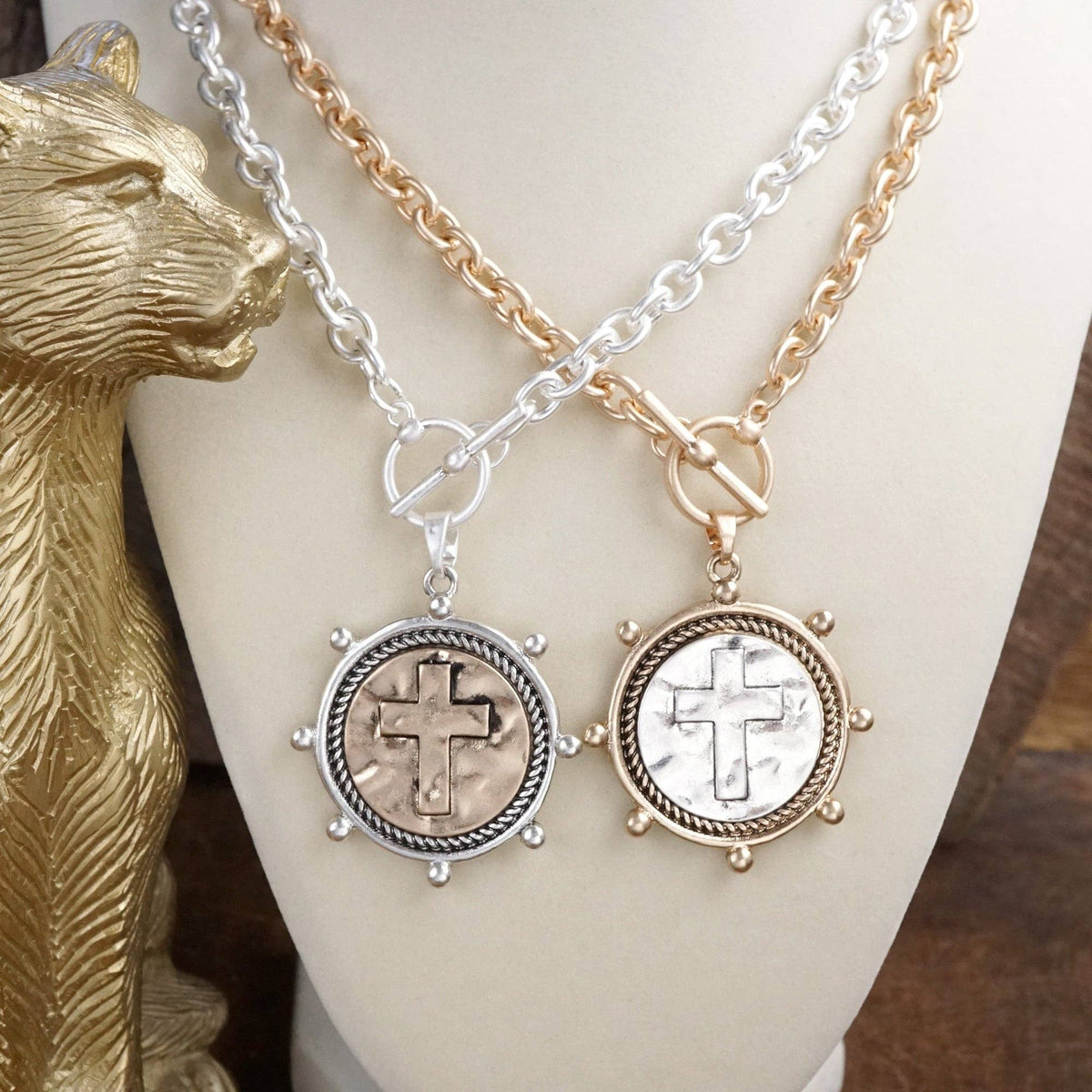 Cross Coin Chain Necklace with Front Toggle Closure – Silver or Gold Tone: Worn Silver Tone